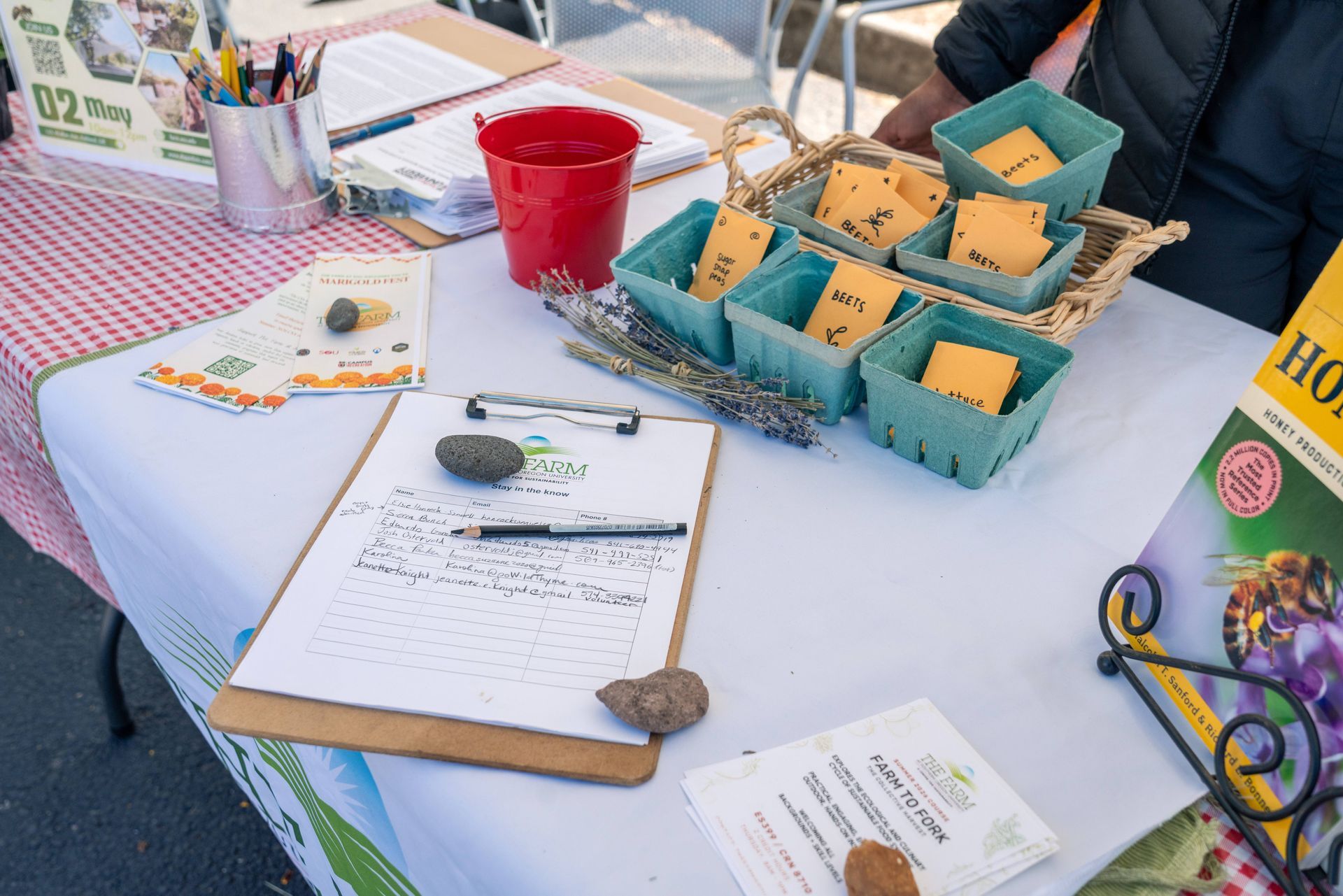 Outdoor table display with teal planters, clipboards, and red cups at an earth day event