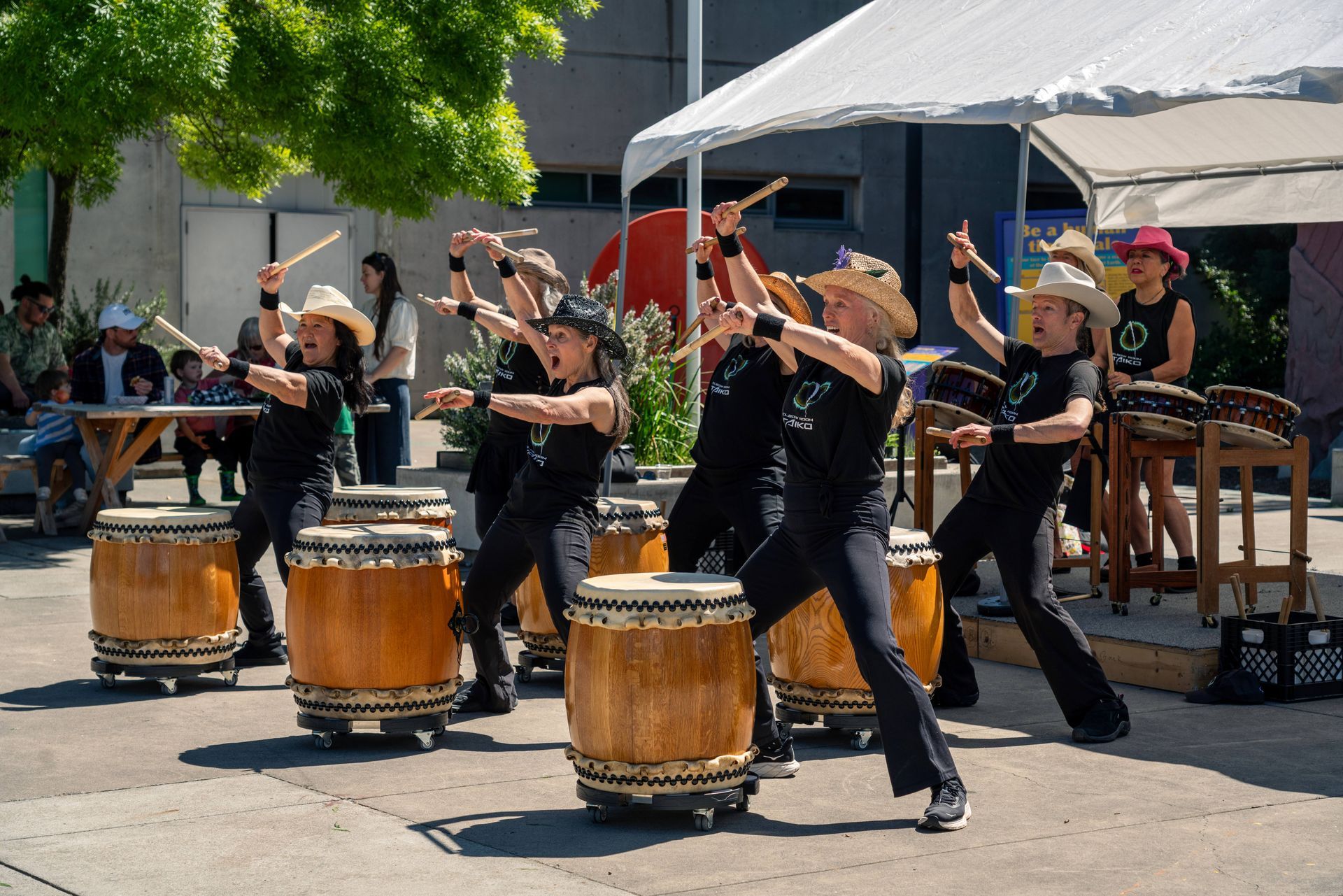 Taiko Drummers in black perform outdoors with large wooden drums under a white canopy in bright daylight