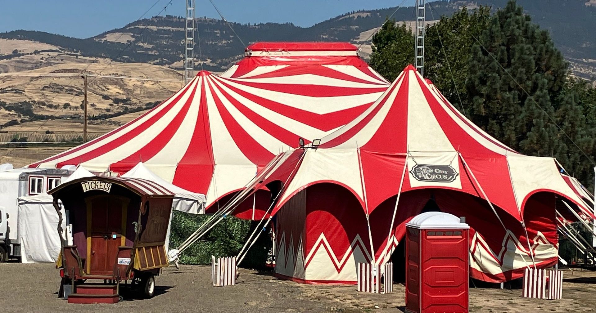 Flynn Creek Circus' iconic red and white striped big top tent at Scienceworks