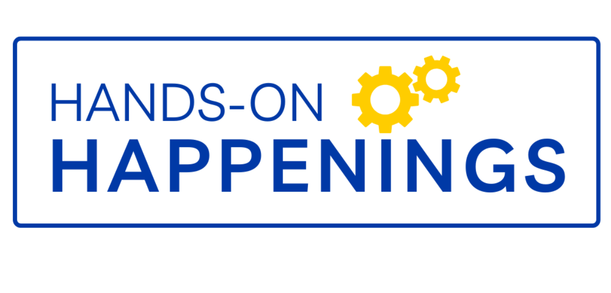 Hands-on Happenings logo with blue text and two yellow gears inside a white rectangle.