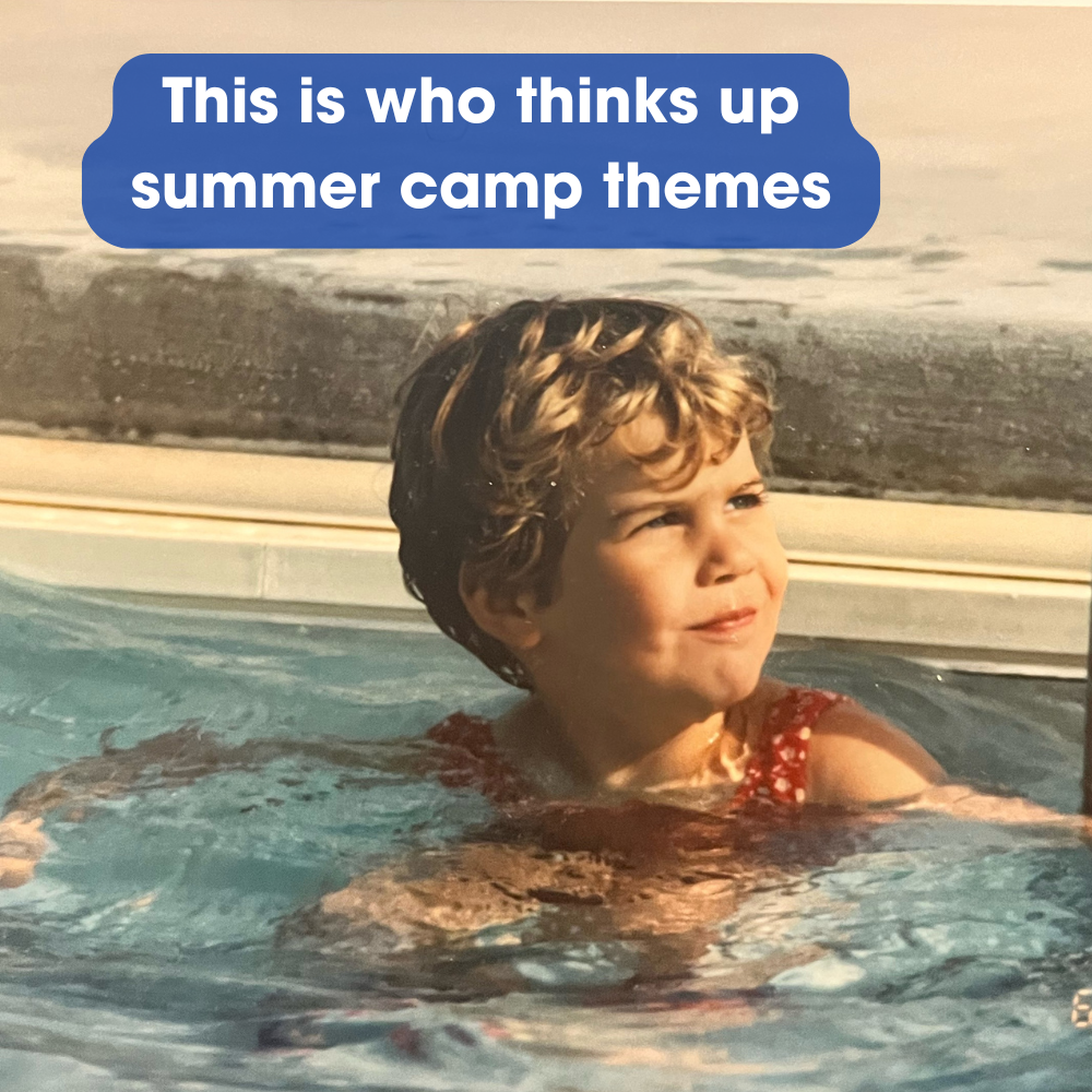 A young person in a red polka-dot swimsuit in a swimming pool with the text overlay: