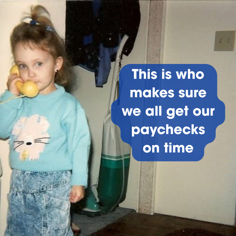 A child in a blue sweater holds a yellow telephone receiver. A blue text box reads: