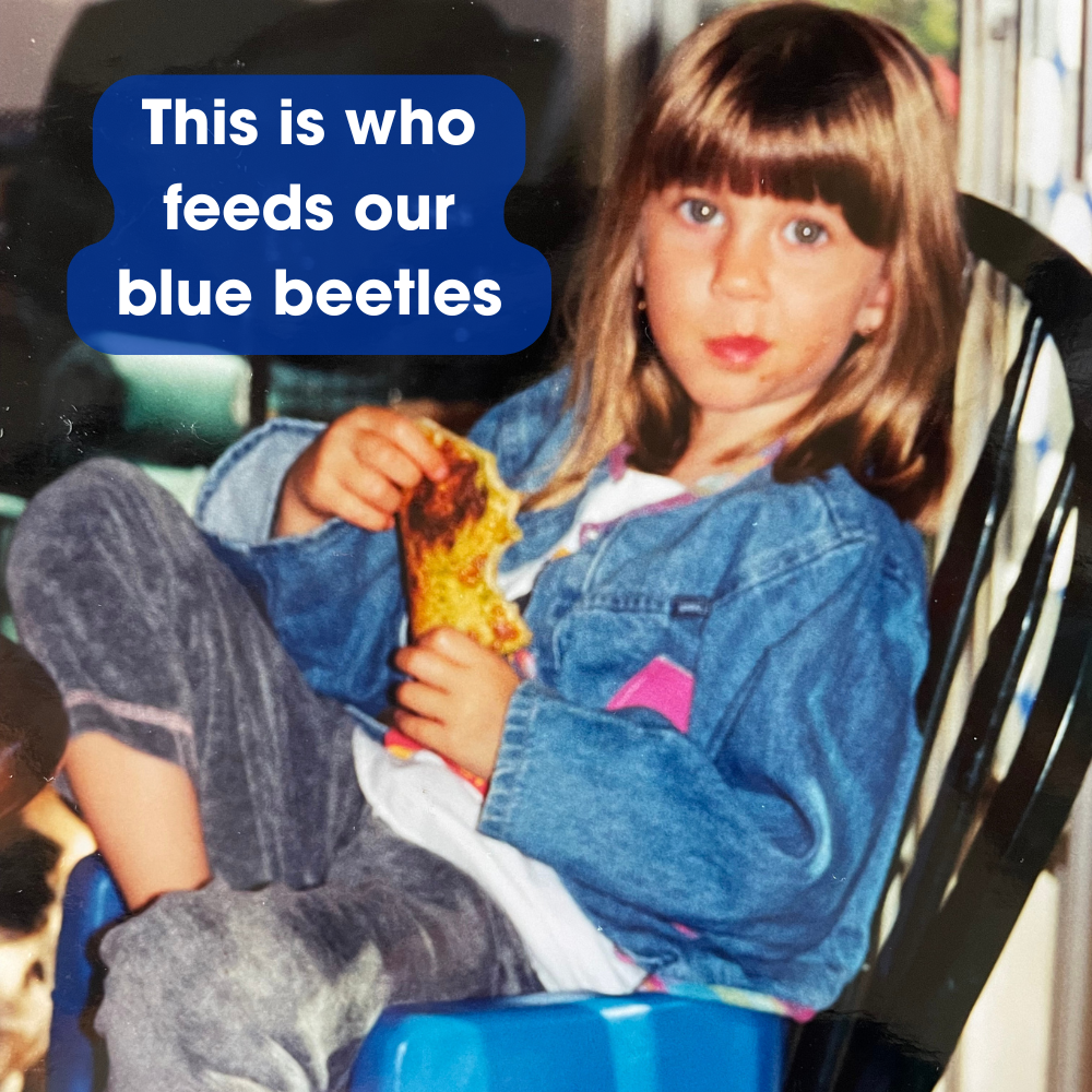 A child sitting in a blue chair eats a piece of bread. Text overlay reads: