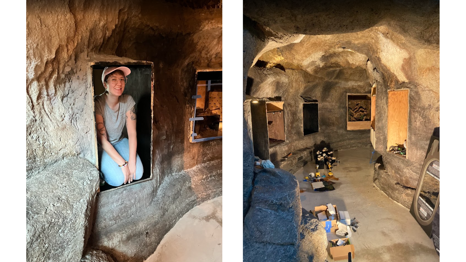 Left: Exhibits coordinator and designer, Liz Koonce, poses during the demolition process. Right: The cave exhibit deep in the demolition and construction process.