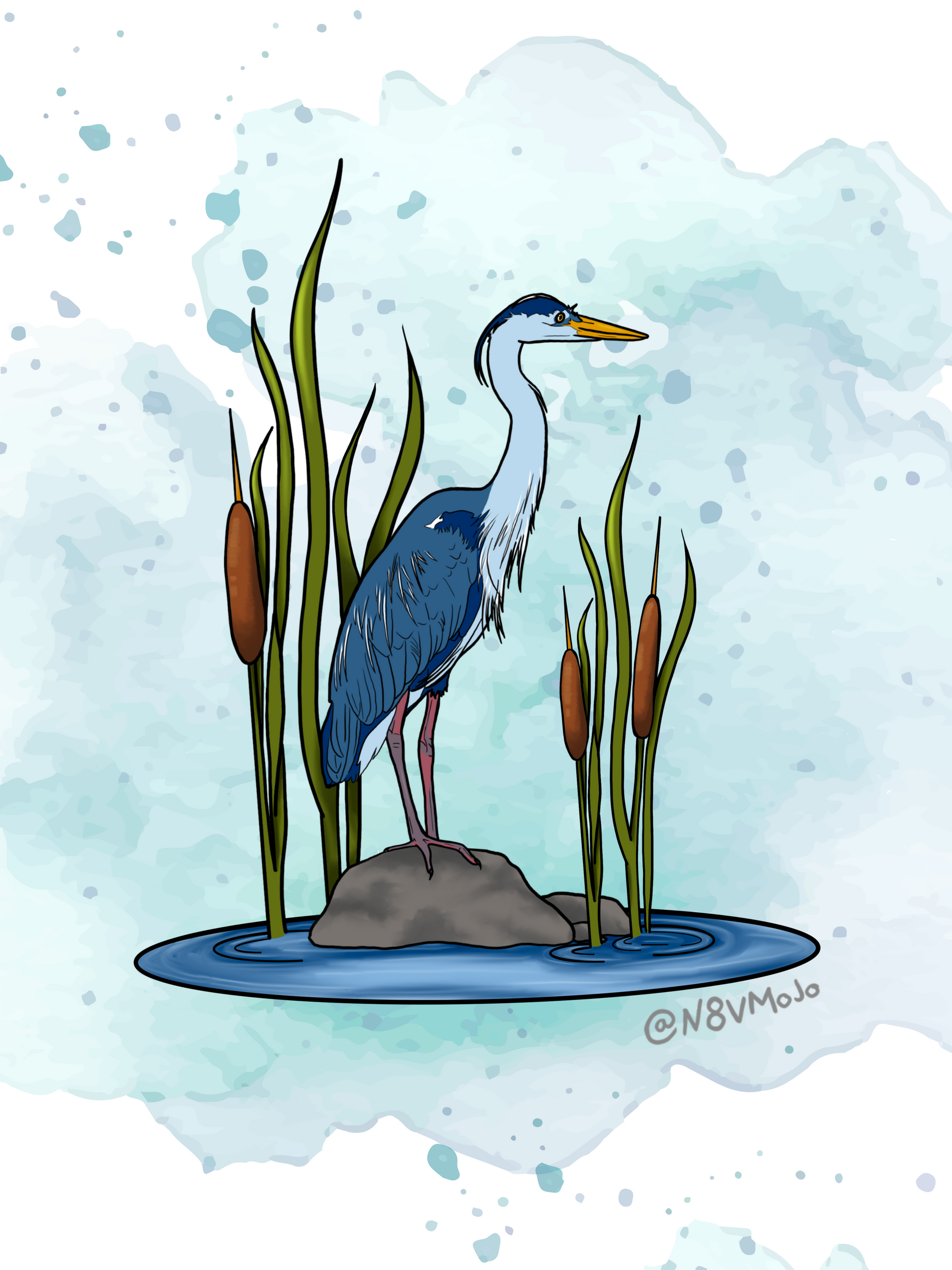 Blue Heron with Cattails illustration by Morgan Gaines