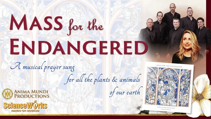 Mass for the Endangered title with inset photos of musicians and the stained glass art piece.