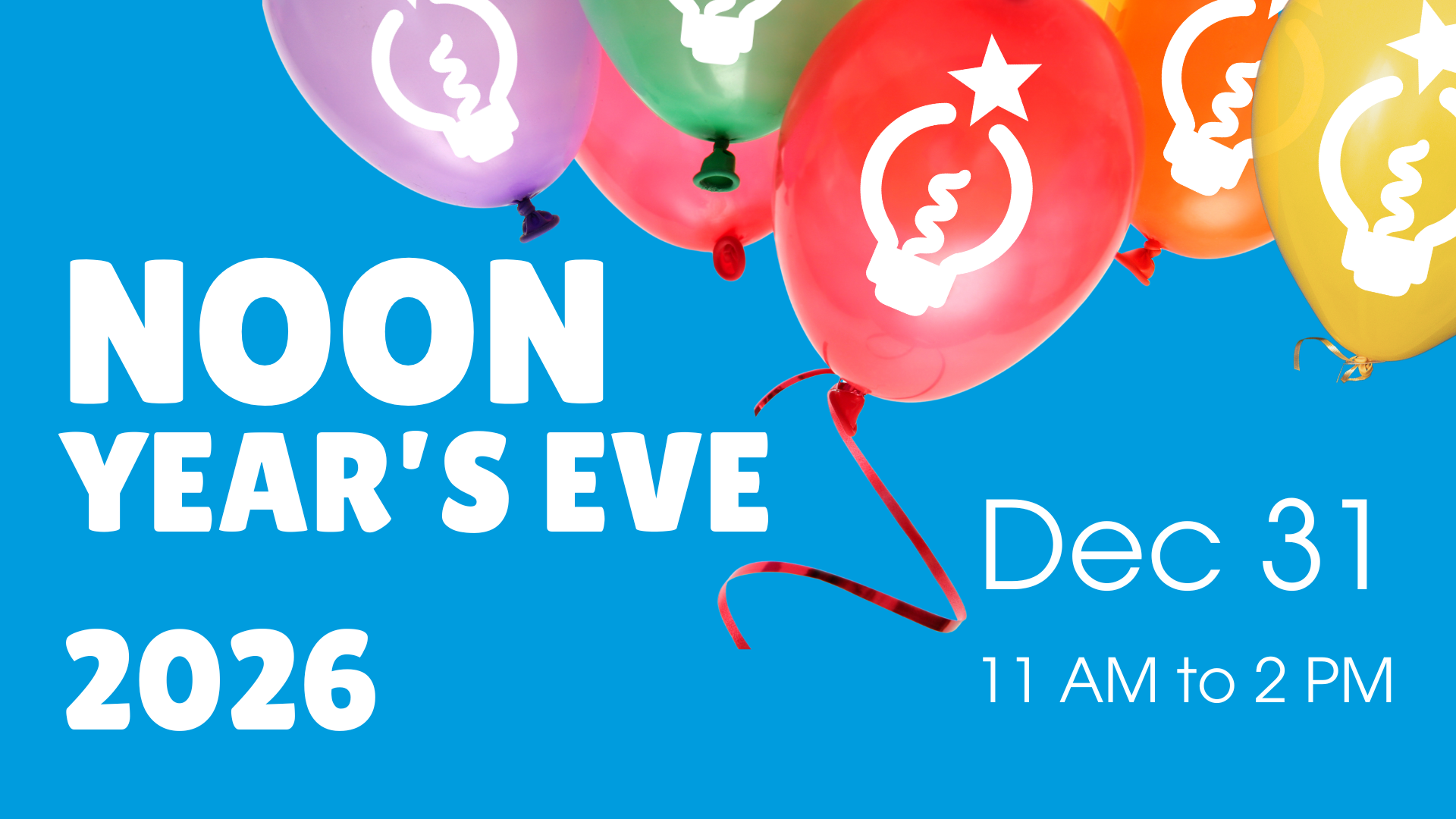 A cluster of falling balloons with the ScienceWorks logo on them. Test says Noon Year's even 2026.