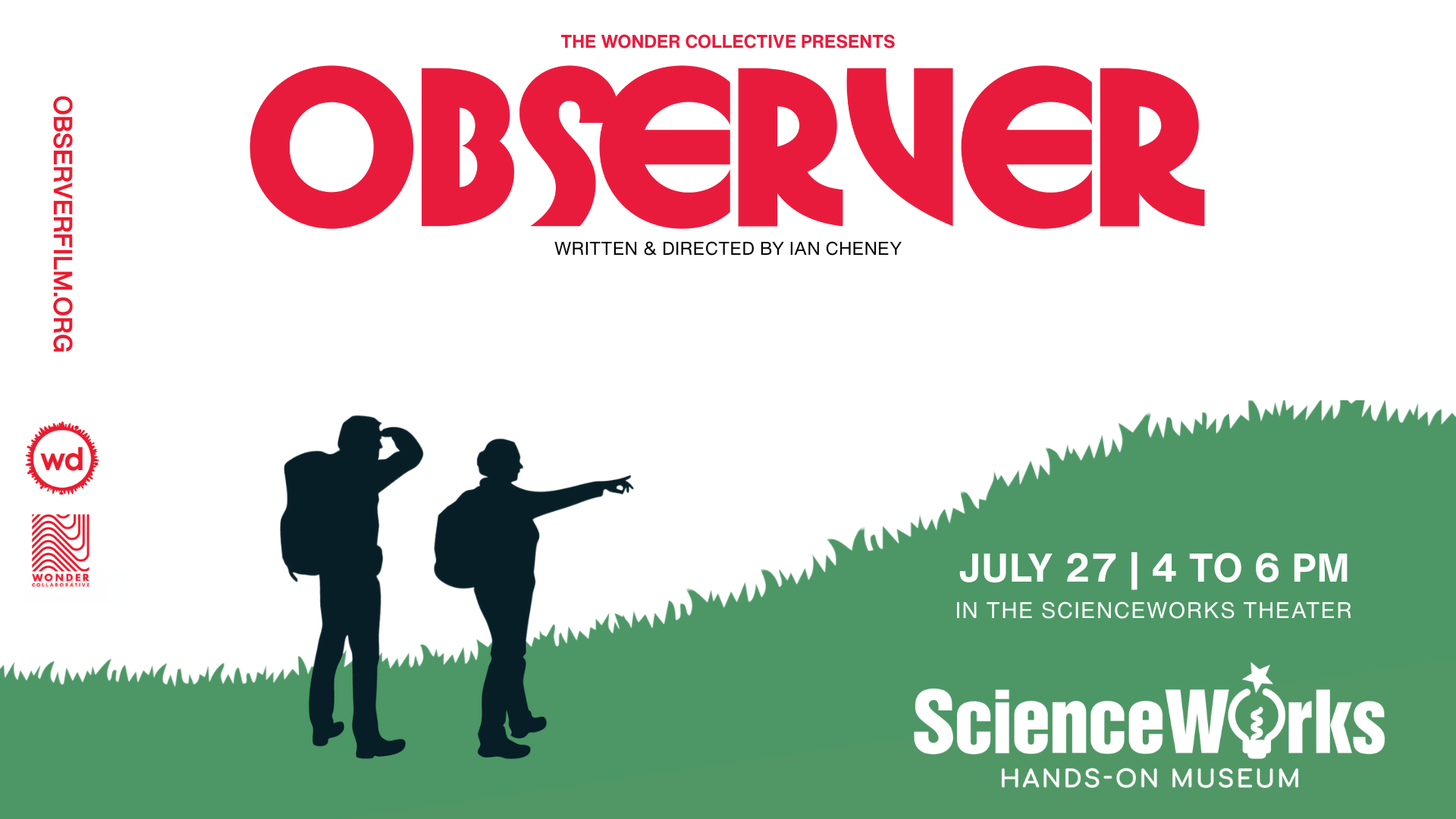 A graphic of two silhouetted figures against a grassy hill