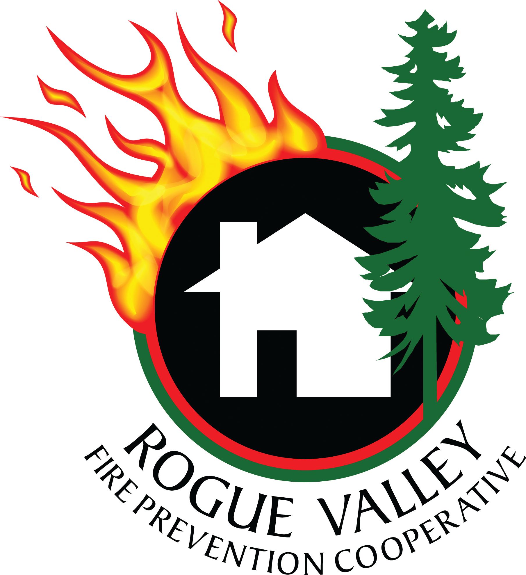 Logo for Rogue Valley Fire Prevention Cooperative featuring a white house silhouette, green tree, and yellow fire flames.