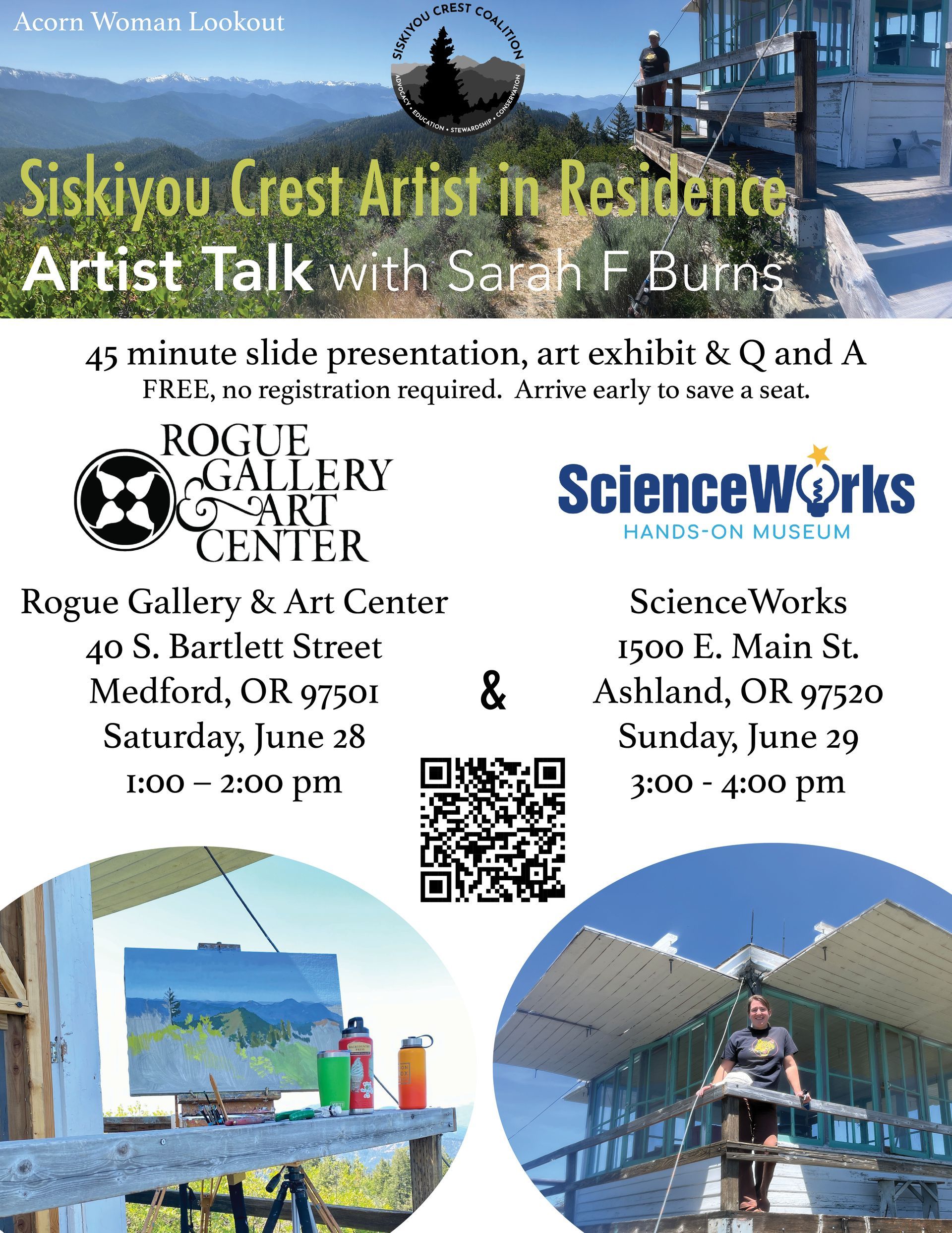 flyer for Sarah Burns, Siskiyou Crest Artist in residence