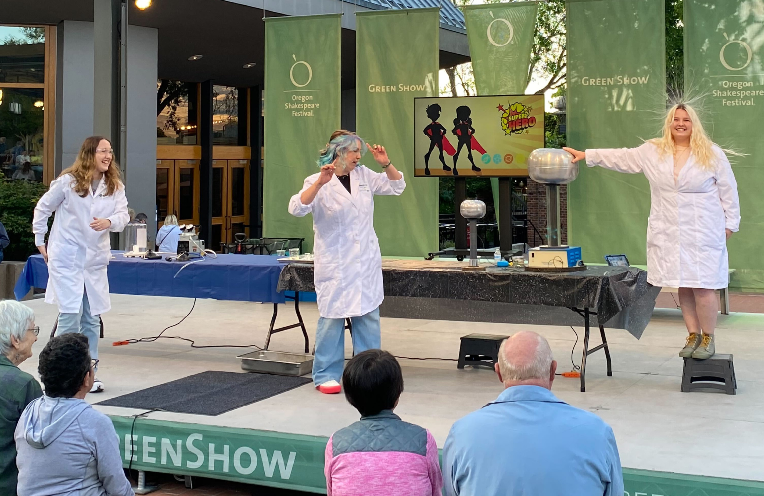 A Science Live show being put on by three ScienceWorks Educators at the Green Show 2024 in Ashland Oregon