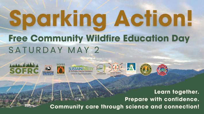 Flyer for a free community wildfire education day on Saturday, May 2, featuring organization logos over a mountain scene.