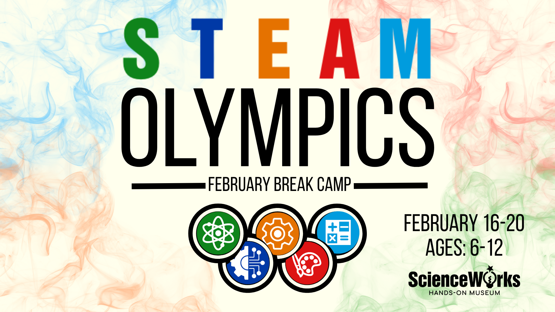 STEAM Olympics spring break camp advertisement. March 23-27 for ages 6-12. Colorful background with STEAM-related icons.
