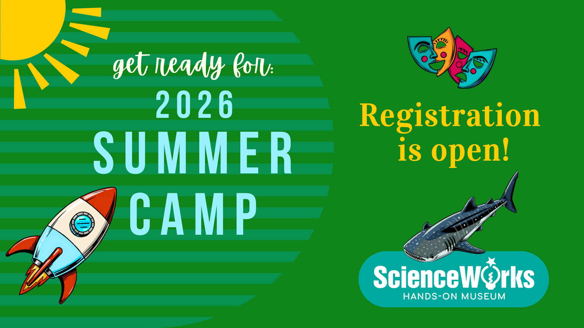 Summer camp registration announcement. Green background with sun, rocket, beetle, shark, and text: 2026, Registration opens soon, Members Feb 16, Public Feb 26.