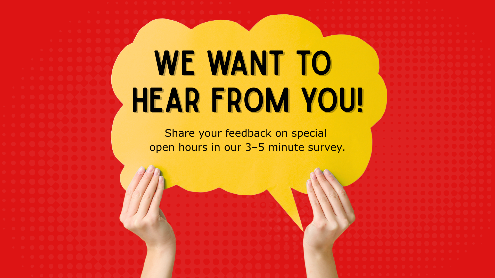 Hands holding a yellow speech bubble that reads, 