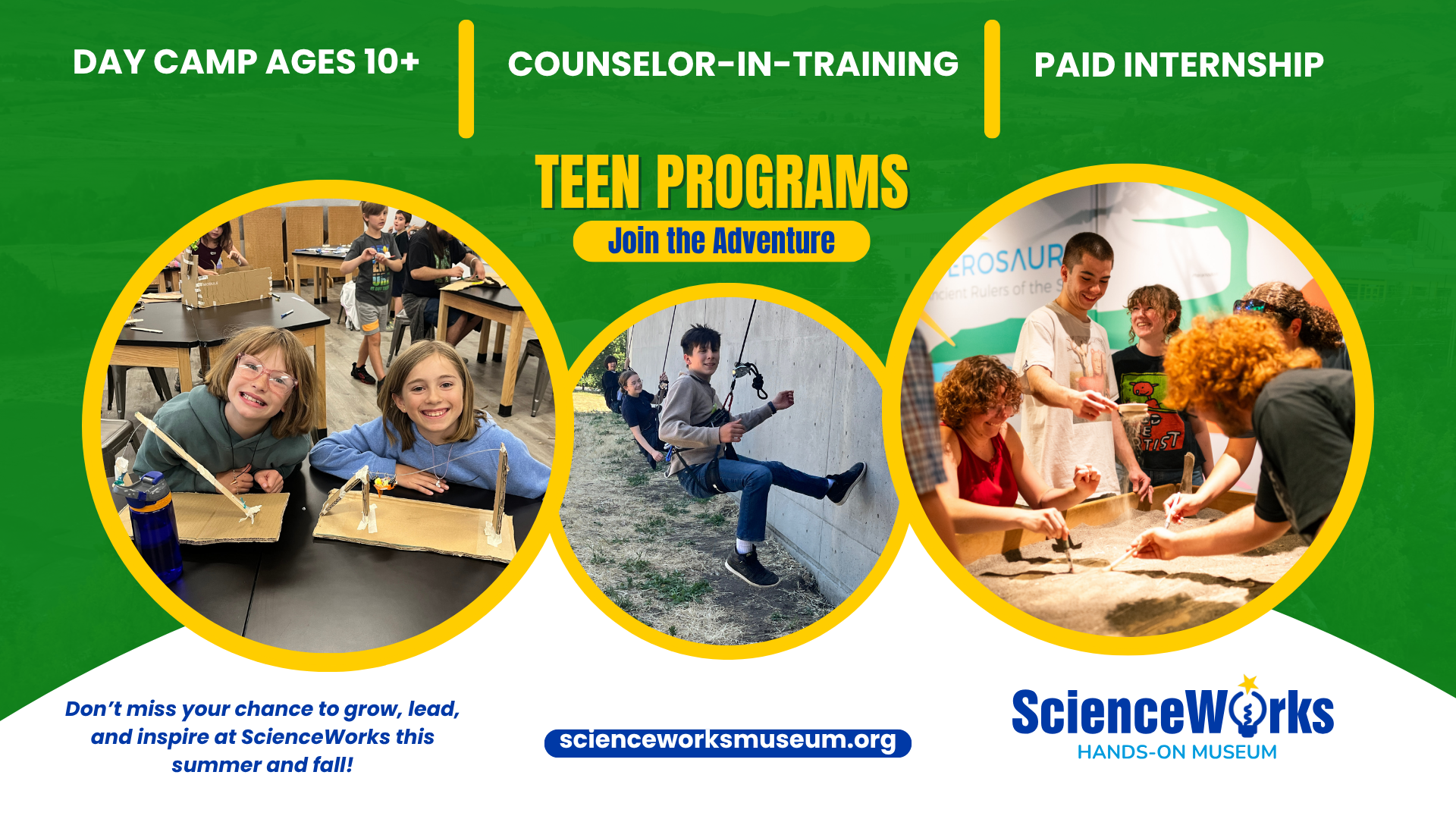 a collage of teens of all ages doing various activities at ScienceWorks