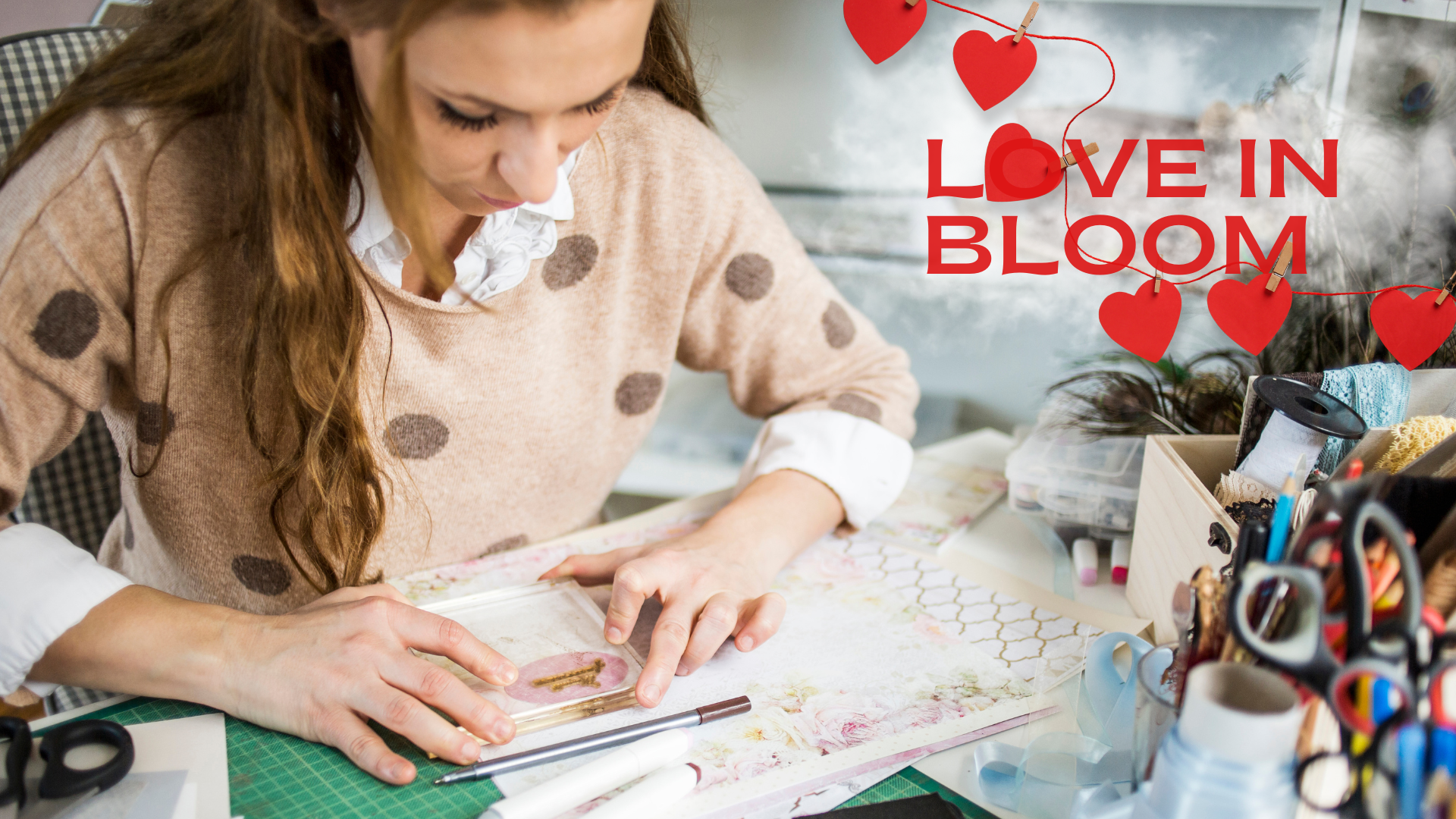 Woman crafting at a table; text 