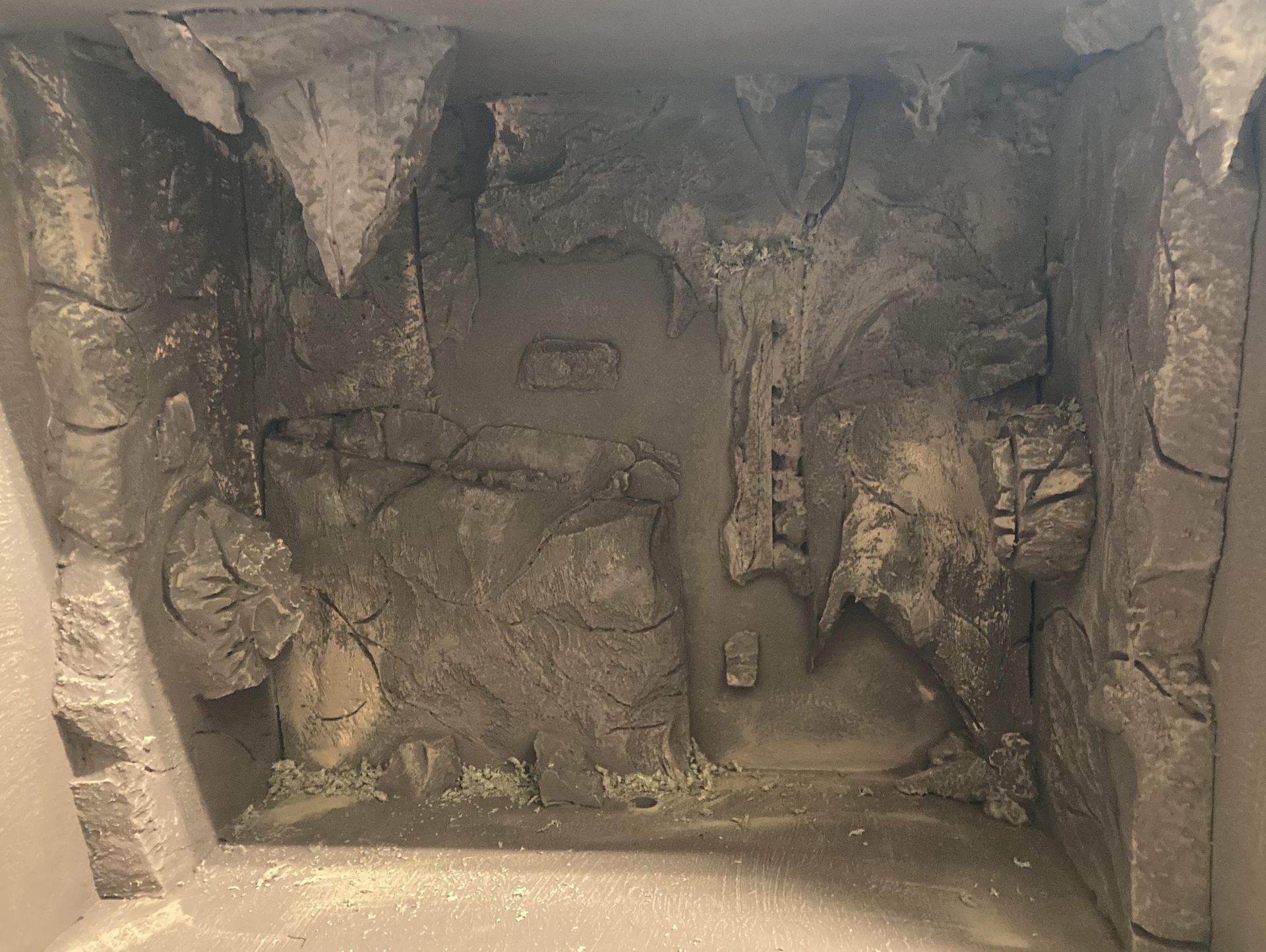 photo of a cave exhibit in process, this is the third stage, showing the added texture of moss and lichen.