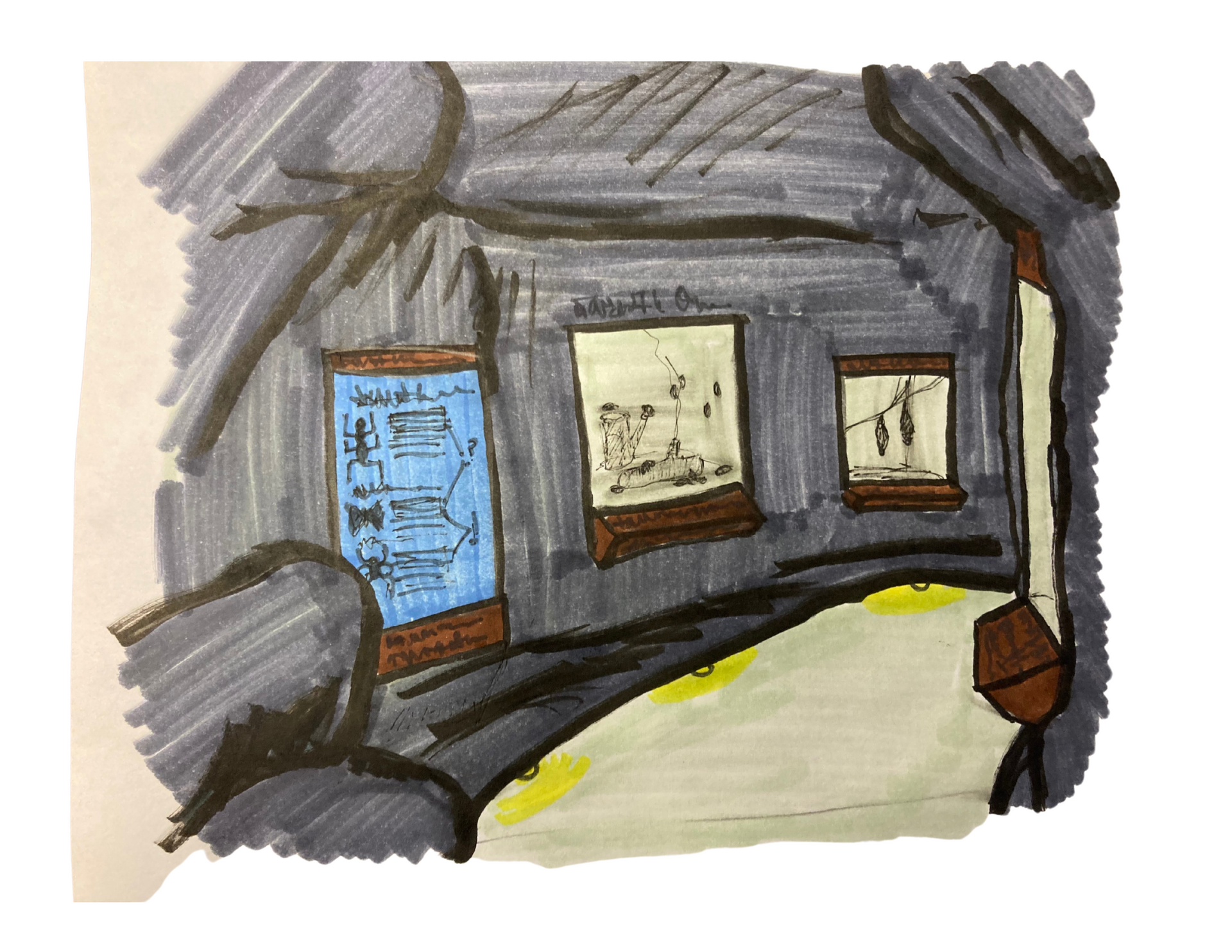 Sketch of 3 potential displays inside proposed cave exhibit at ScienceWorks.