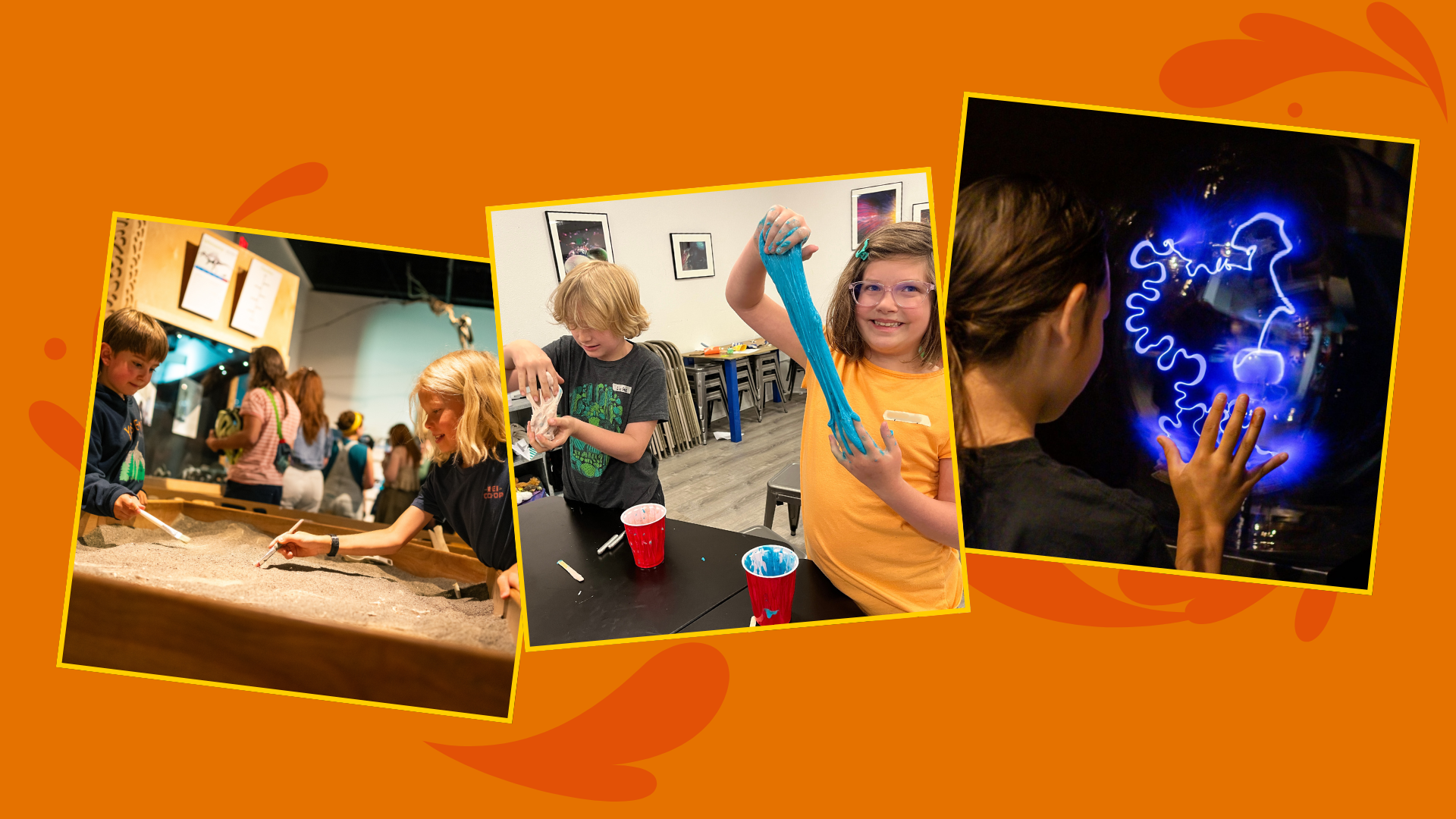 a collage of images of kids digging for fossils, playing with slime, and exploring the lightning bal