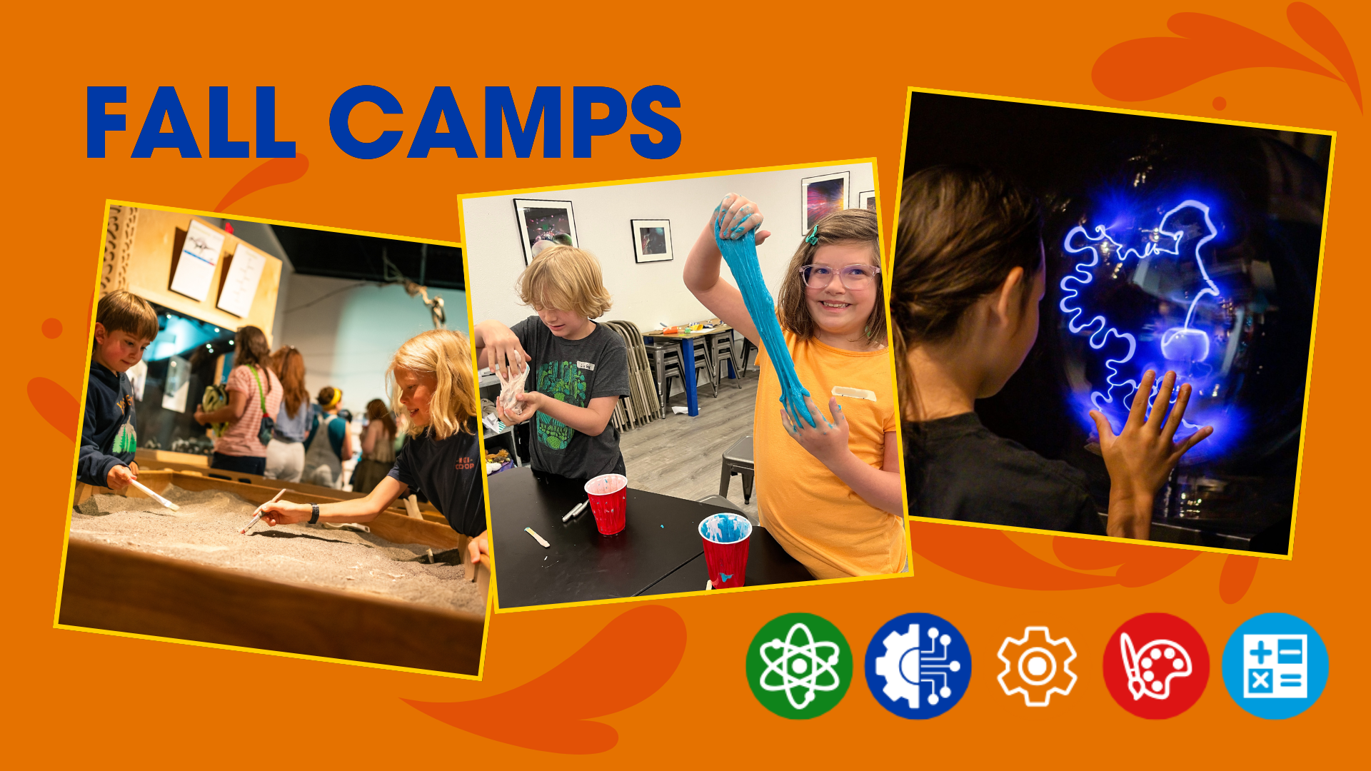 a collage of images of kids digging for fossils, playing with slime, and exploring the lightning ball.