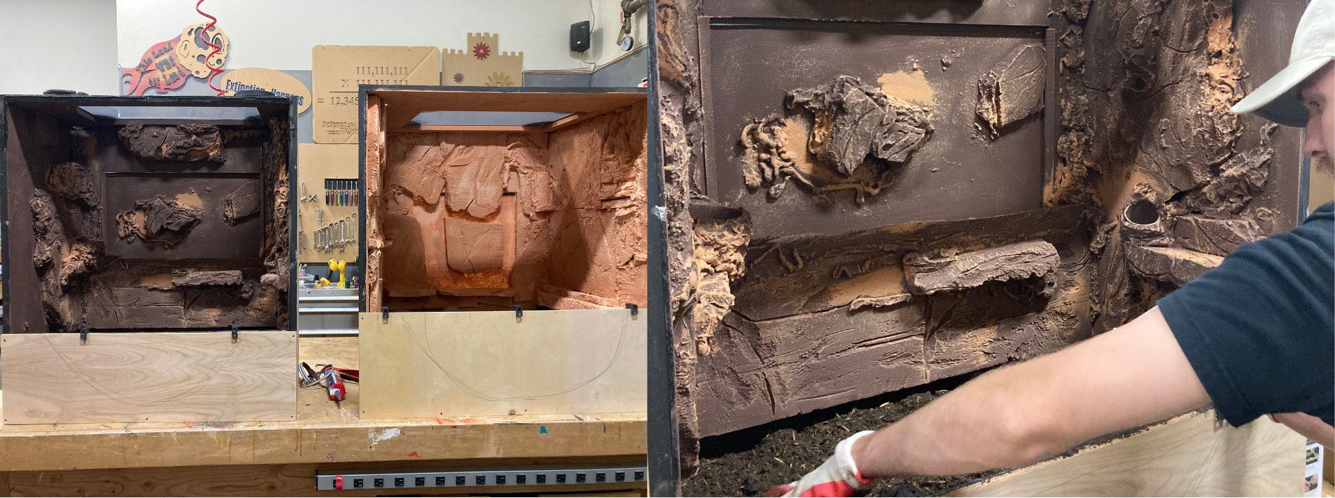 Left: In-progress habitat creation in the ScienceWorks workshop. Right: Josh Jackson of J & S Reptiles adds bioactive substrate to the Madagascar hissing cockroach habitat.