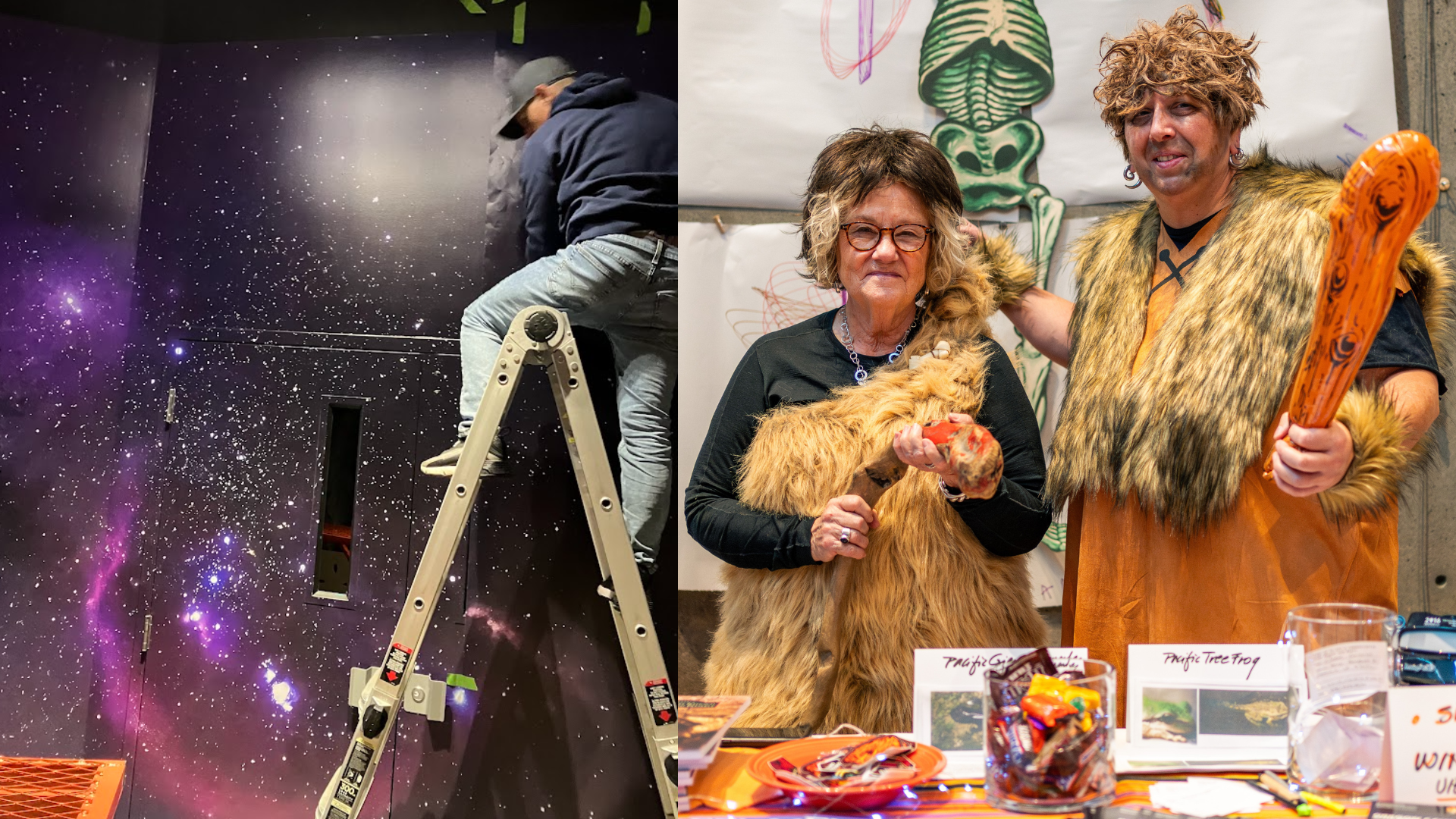 Left: Installation of the Dark Sky display. Right: Friends of the Oregon Caves and Chateau at Monster Ball 2025.