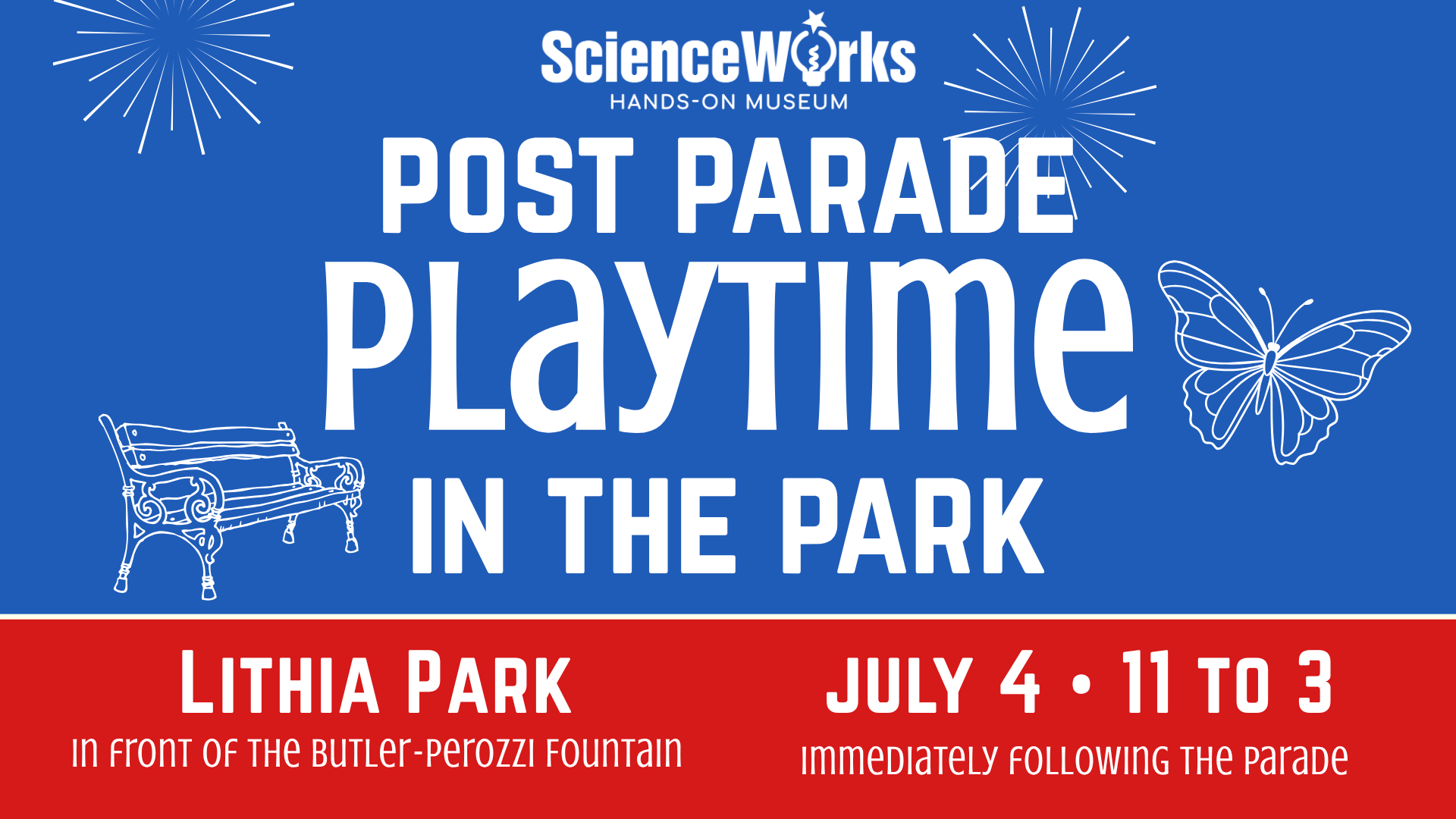 post parade playtime in the park. lithia park, by the butler-perozzi fountain. july 4. 11 to 3 pm after the parade. bubbles, lawn games, and more.