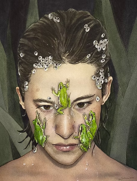 Brain Frog by KYRIANA - water color self portrait of the artist with frogs and frog eggs attached to the artist's head symbolizing brain fog.
