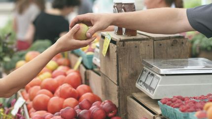 A fruit stand at a farmer's market