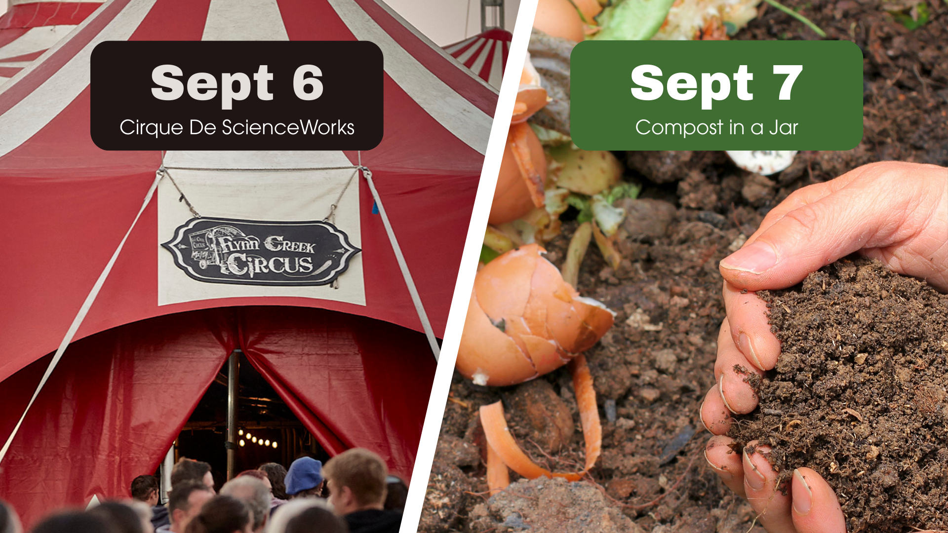 on the left is a photo of a red and white striped circus tent, on the right is a photo of hands cupping a scoop of compost