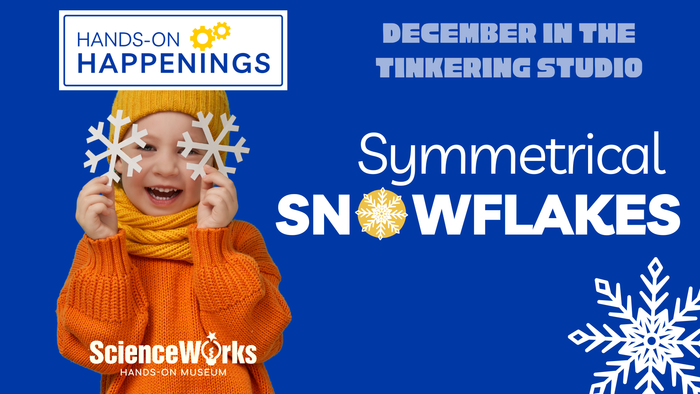 A child in orange sweater and yellow hat holds paper snowflakes over their eyes in a blue-themed advertisement.