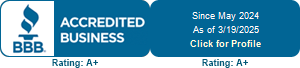 A blue sign that says accredited business on it