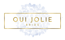 Gold-framed logo with "OUI JOLIE BRIDE" text over a watercolor floral background.