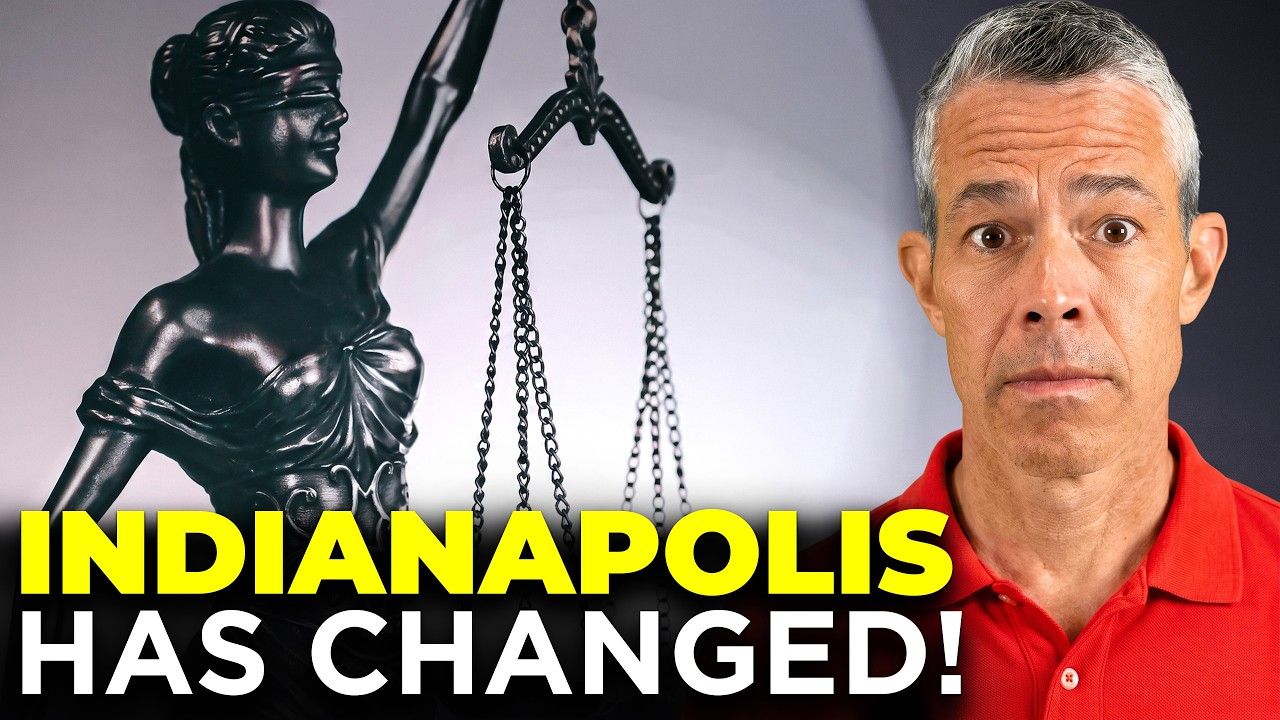 Text “INDIANAPOLIS HAS CHANGED!” beside a judge statue and a serious man in a red shirt