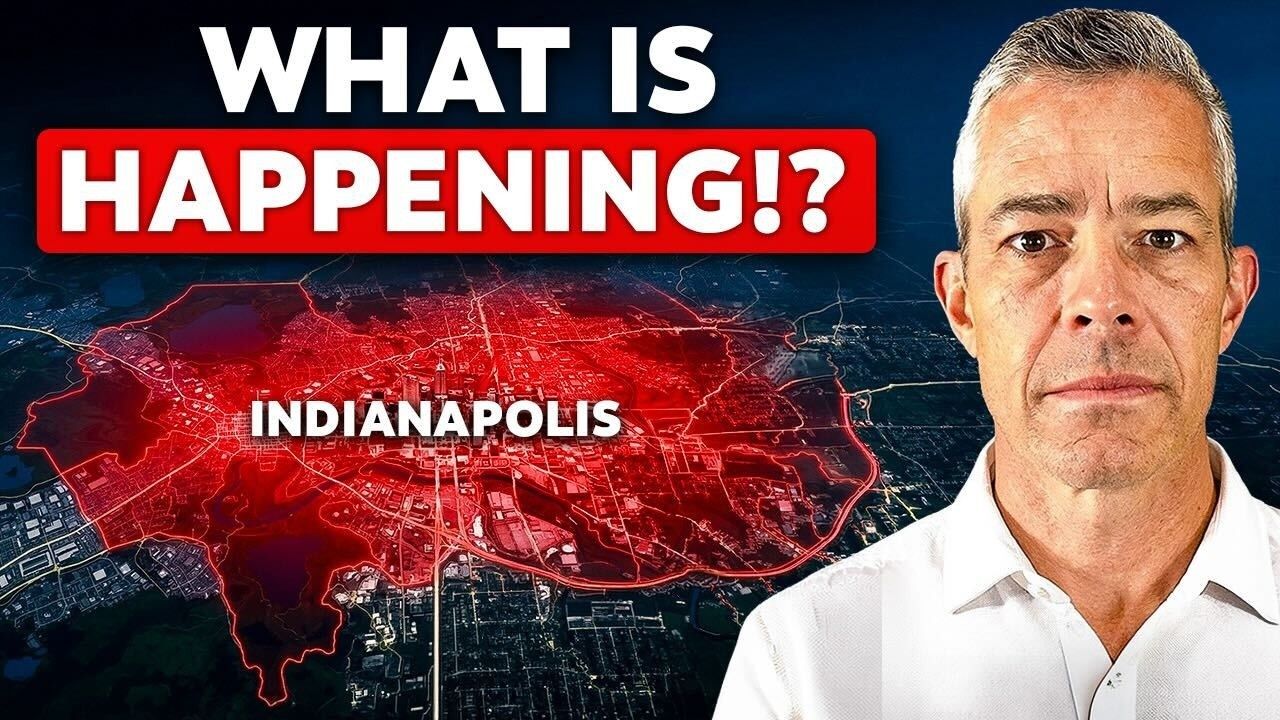 Bold text “WHAT IS HAPPENING!?” over a red map labeled Indianapolis beside a man in a white shirt