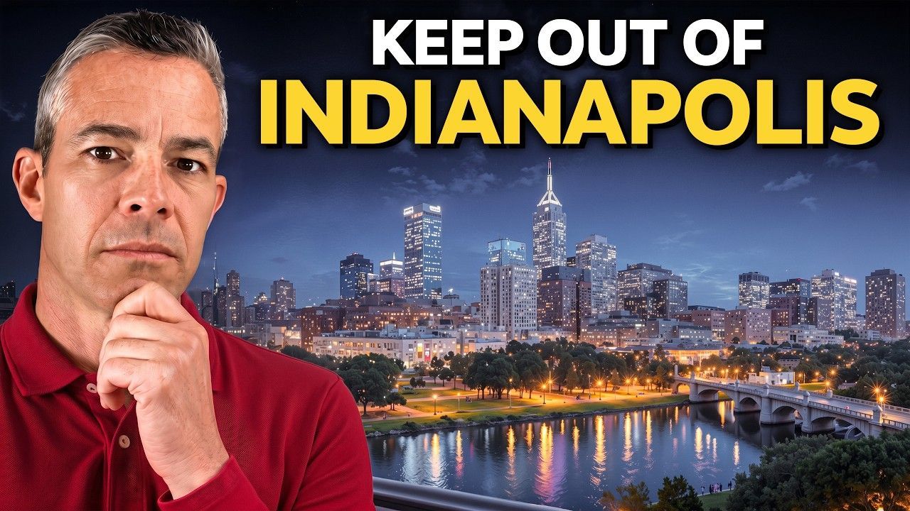 Man in red shirt beside Indianapolis skyline at night with bold text “KEEP OUT OF INDIANAPOLIS”