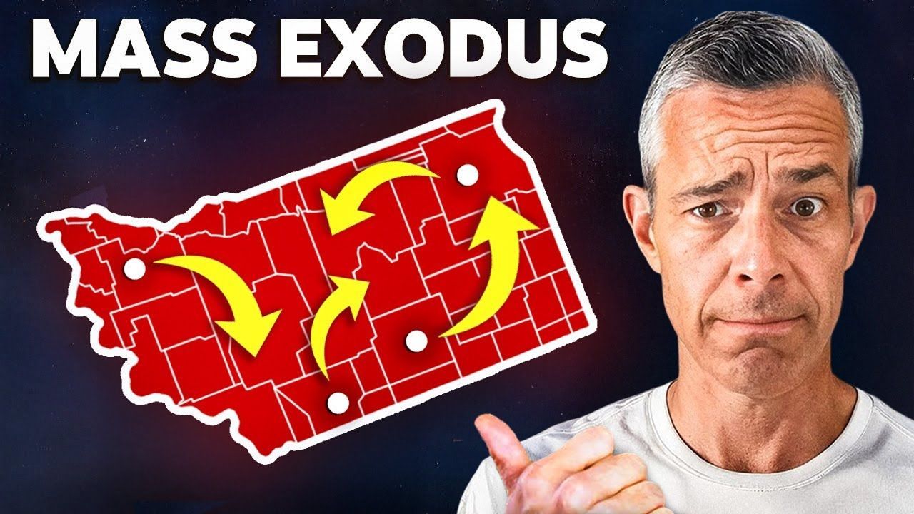 Man gesturing towards a red map with yellow arrows indicating movement, title 