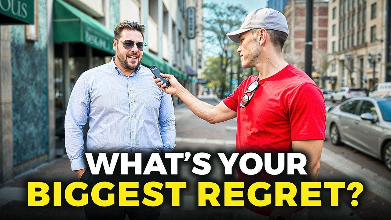 Man interviewing another man outdoors; title 