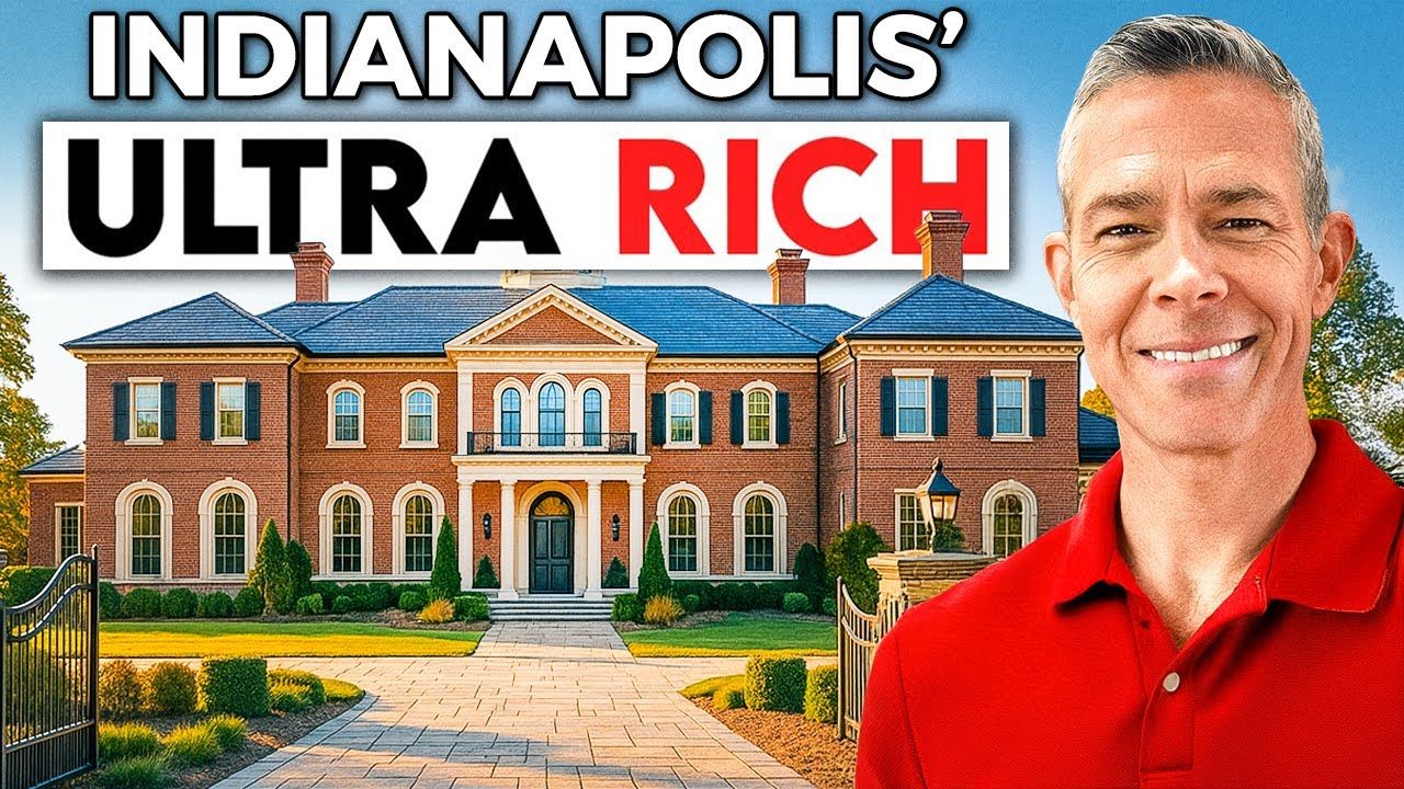 A man in a red shirt is standing in front of a large brick house.