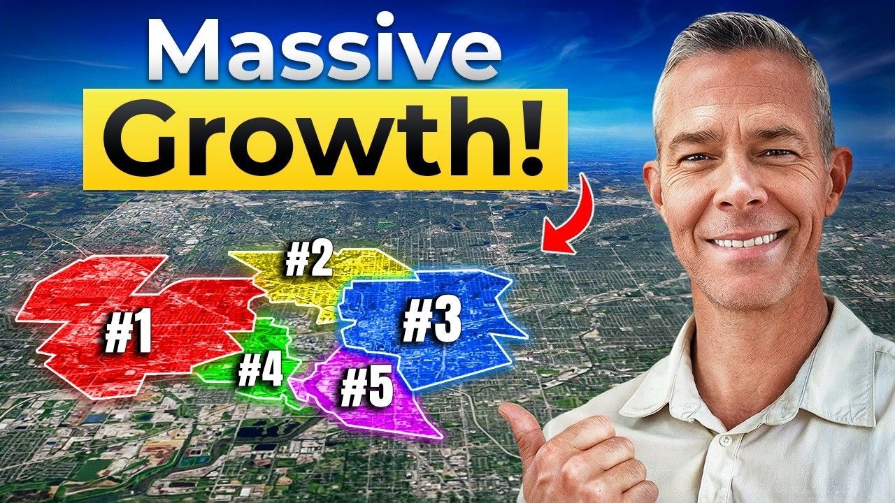 Man pointing at a map of a city with numbered, colored regions, text overlay