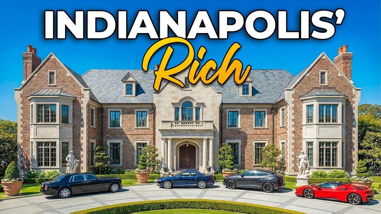 A grand brick mansion with a circular driveway featuring a red sports car and three luxury vehicles under a blue sky.