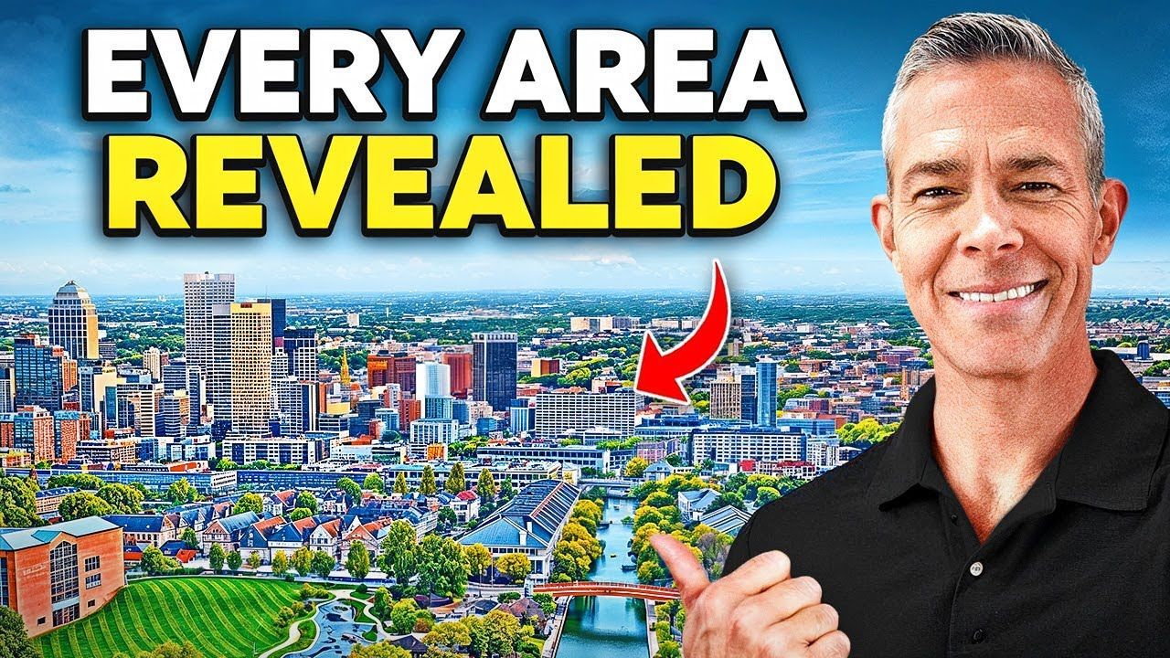 Man pointing at a city skyline; video title: