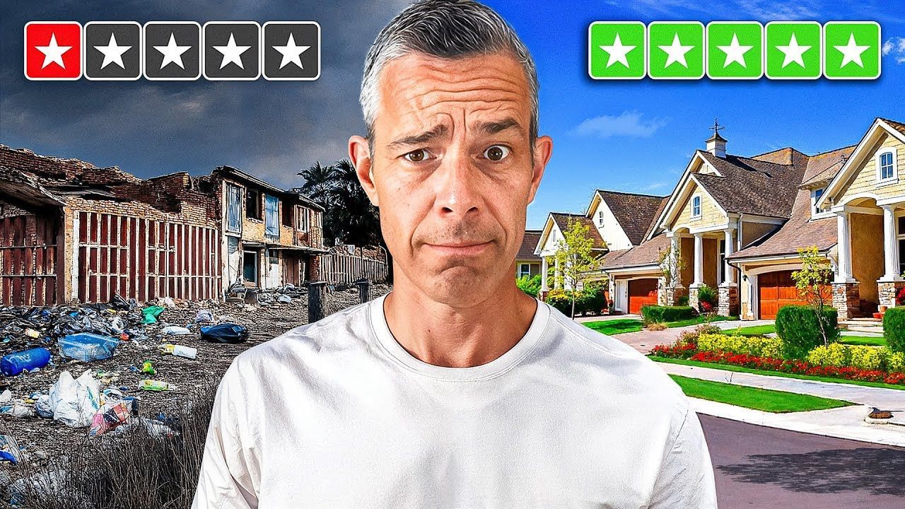 A man in a white shirt looks concerned, with a rundown neighborhood on the left and a nice one on the right.