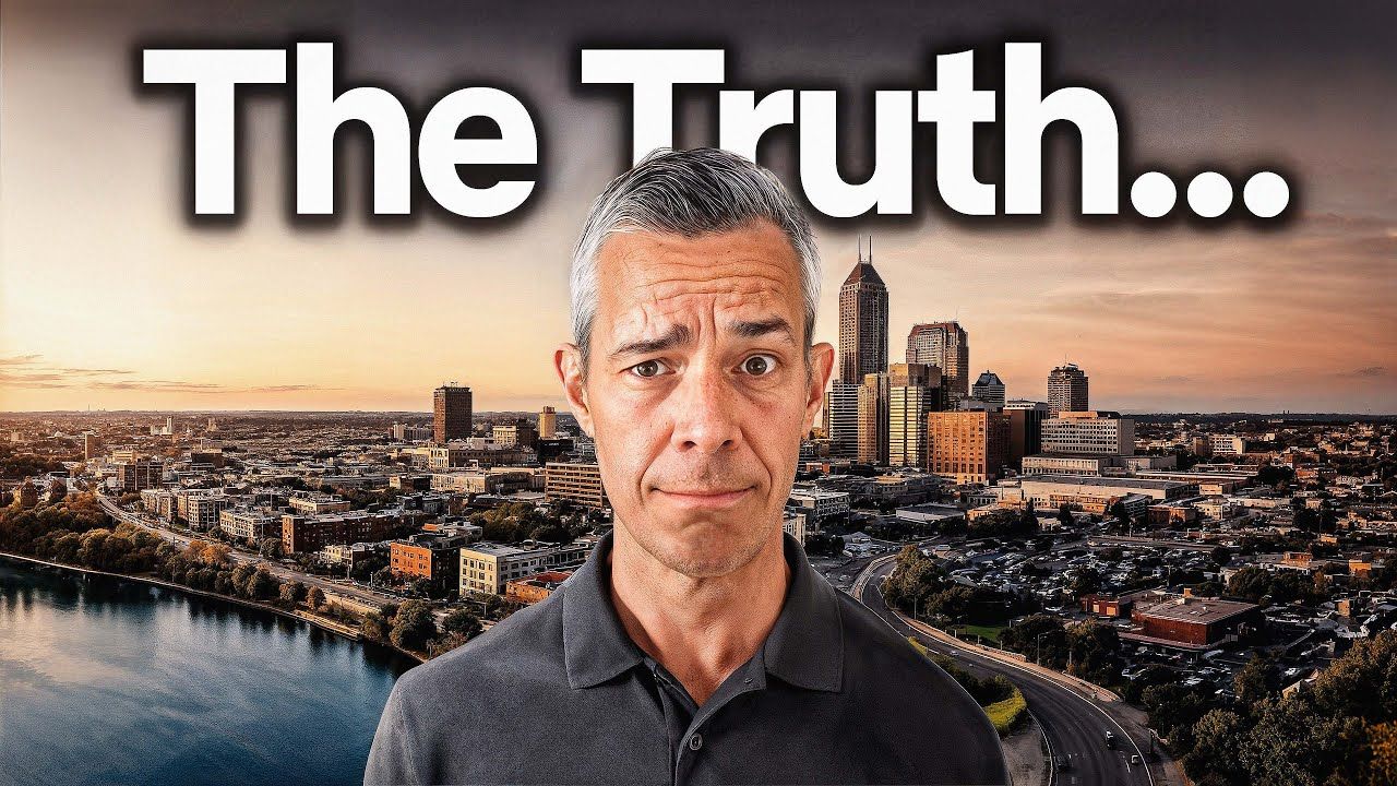 Man with concerned expression in front of a city skyline; title reads 