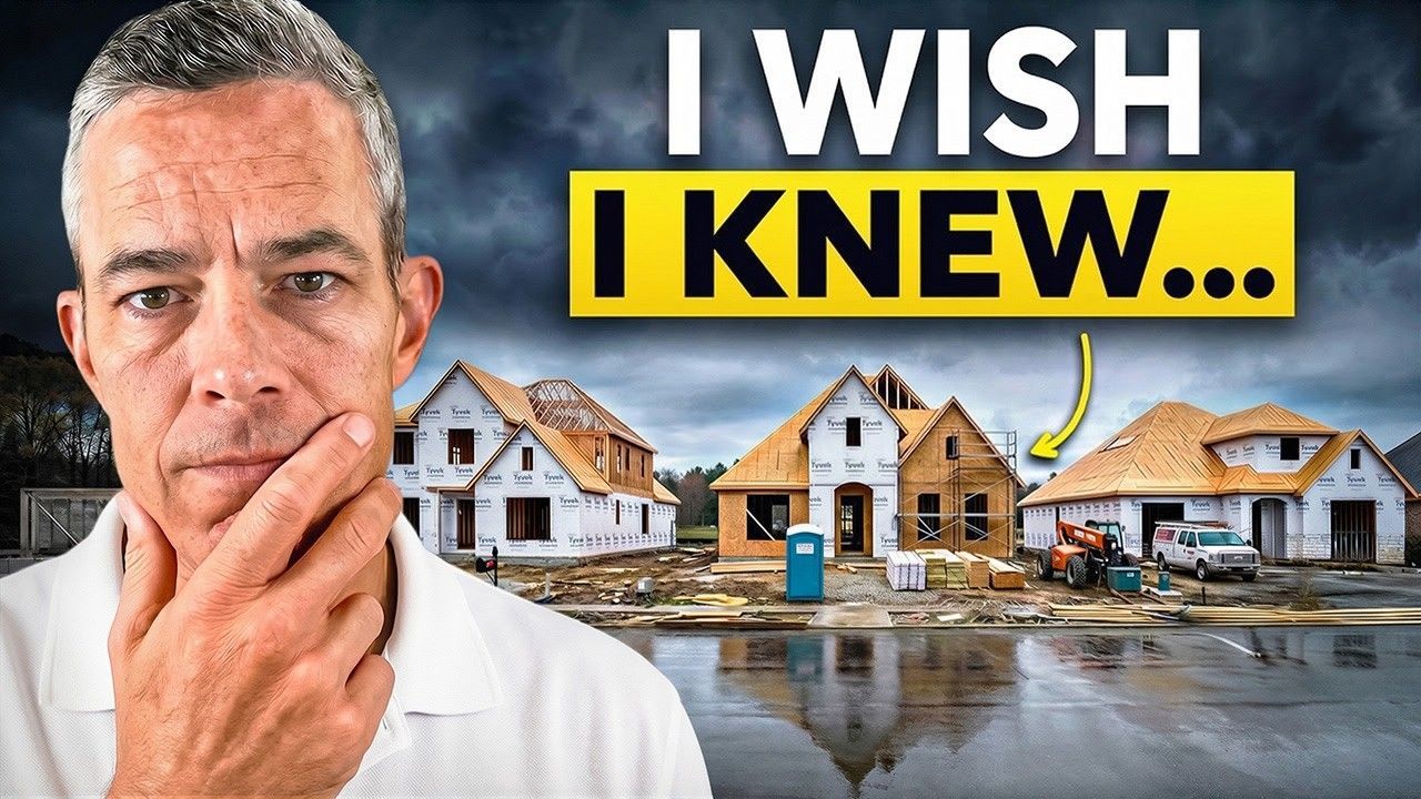 A man looks thoughtfully at a row of houses under construction against a dark, stormy sky with the text