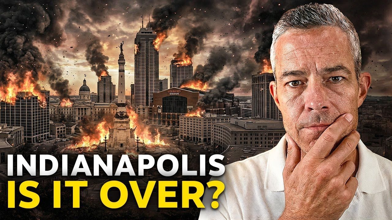 Man with concerned expression in front of burning Indianapolis buildings; text: “Indianapolis, Is It Over?”