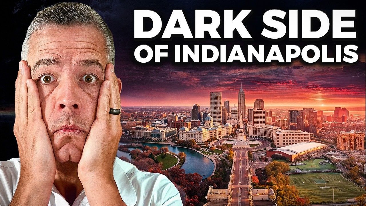Man with surprised expression, hands on face, with Indianapolis skyline and title 