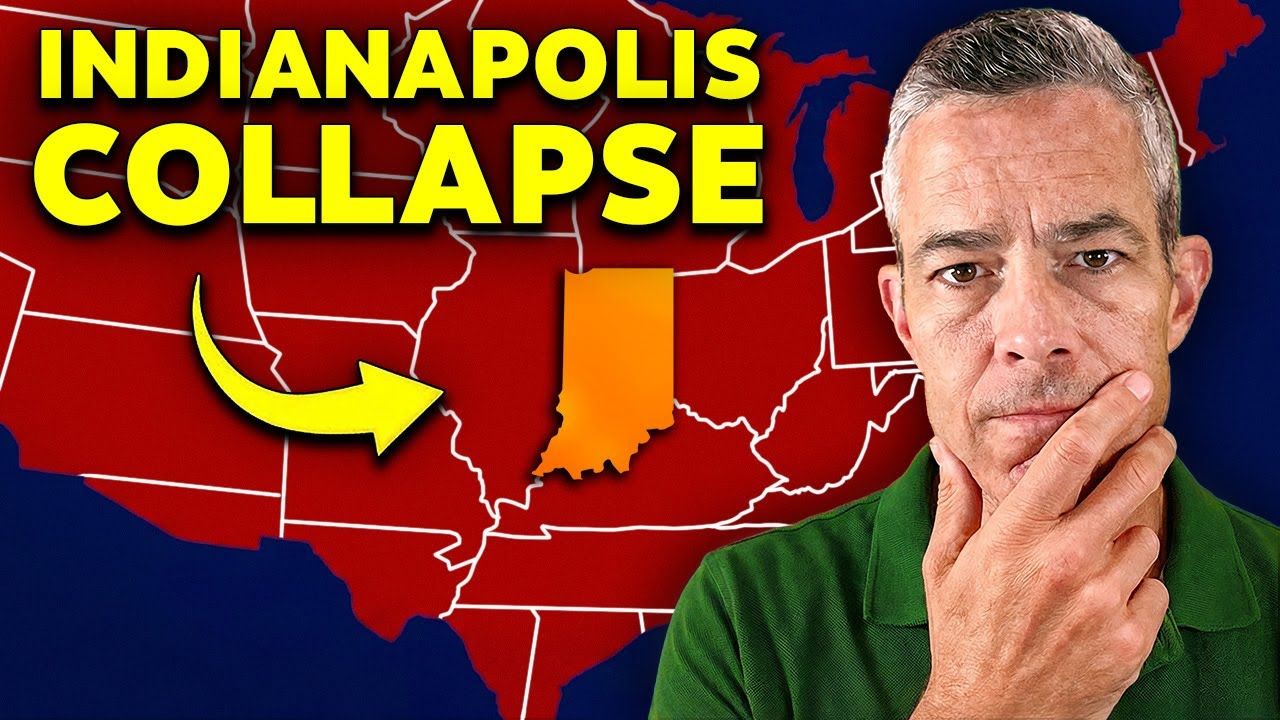 Man in green shirt ponders, map of USA with Indiana highlighted, text 