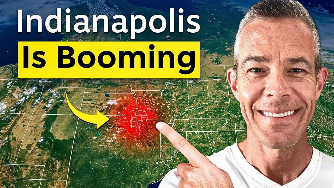 Man pointing at Indianapolis highlighted in red on a map, text 